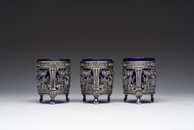 Three Louis XVI blue glass and openworked silver mustard pots, ca. 1800