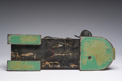 Illegibly signed: An elephant attacked by two tigers, zamak on a marble and onyx base, second quarter 20th C.