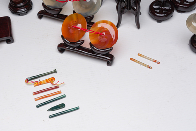 A Chinese collection of agate carved musical instruments with an accompanying presentation box, Republic, 20th C.