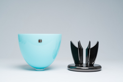 An Italian blue Murano glass fruit bowl on stand, Carlo Moretti, 2000s