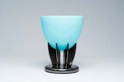 An Italian blue Murano glass fruit bowl on stand, Carlo Moretti, 2000s