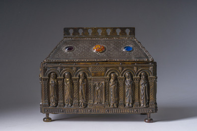 A Gothic Revival parcel-gilt bronze reliquary casket or chasse with glass cabochons, 19th C.