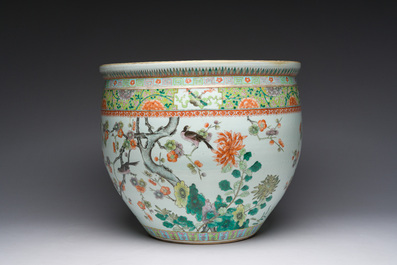 A Chinese famille verte fish bowl with birds among blossoming branches, 19th C.