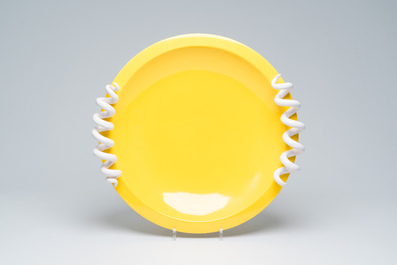 A French 'Cr&eacute;ation Mathias' monochrome yellow bowl with spiral handles and a collection of Italian Murano glass sweets, 20th C.