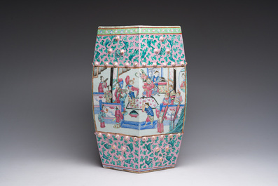 A hexagonal Chinese famille rose garden seat with figural design, 19th C.