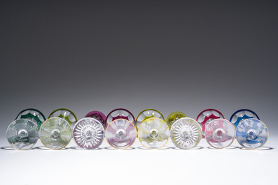 Eight partly coloured overlay cut crystal glasses, six of which with gilt design, Belgium, Val Saint Lambert, 20th C.