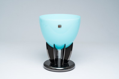 An Italian blue Murano glass fruit bowl on stand, Carlo Moretti, 2000s