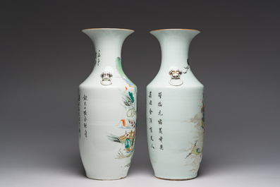 Two Chinese famille rose vases with Lan Caihe and a lady with boys in a palace garden, 19th/20th C.