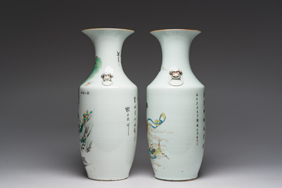 Two Chinese famille rose vases with Lan Caihe and a lady with boys in a palace garden, 19th/20th C.