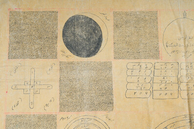 A rare Indian Jain cloth with a hand-drawn priestly cosmogram, Gujarat, early 20th C.