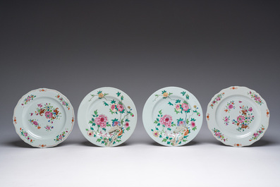 Ten Chinese famille rose plates and an Imari style plate with floral design, Qianlong