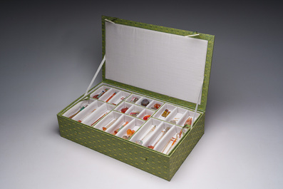A Chinese collection of agate carved musical instruments with an accompanying presentation box, Republic, 20th C.