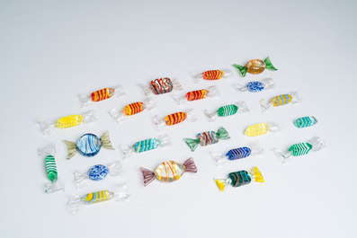 A French 'Cr&eacute;ation Mathias' monochrome yellow bowl with spiral handles and a collection of Italian Murano glass sweets, 20th C.