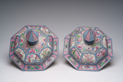 A pair of French Samson famille rose style vases and covers with animated scenes and floral design, Paris, 19th C.