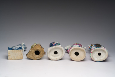 Five Chinese famille rose and blue and white sculptures, 19th/20th C.
