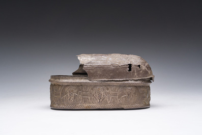 A Byzantine silver reliquary or pyxis with various saints, probably 8th/12th C.