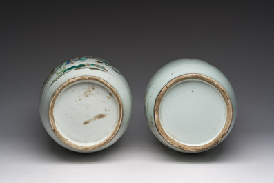 Two Chinese famille rose vases with Lan Caihe and a lady with boys in a palace garden, 19th/20th C.