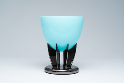 An Italian blue Murano glass fruit bowl on stand, Carlo Moretti, 2000s