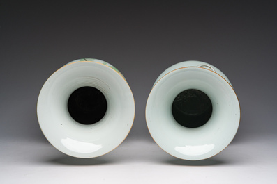 Two Chinese famille rose vases with Lan Caihe and a lady with boys in a palace garden, 19th/20th C.