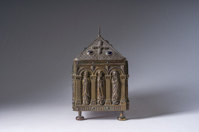 A Gothic Revival parcel-gilt bronze reliquary casket or chasse with glass cabochons, 19th C.