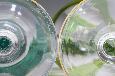Eight partly coloured overlay cut crystal glasses, six of which with gilt design, Belgium, Val Saint Lambert, 20th C.