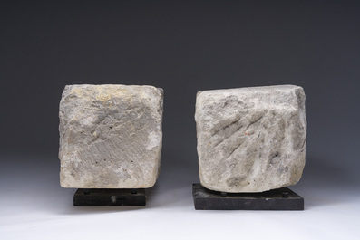 Two architectural carved stone fragments with angel heads, probably Flanders, 15th C.