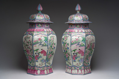 A pair of French Samson famille rose style vases and covers with animated scenes and floral design, Paris, 19th C.