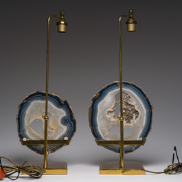 Willy Daro (1918-1990, attributed to): A pair of gilt brass lamps with agate discs