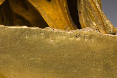 A French gilt bronze mantel clock crowned by a couple in love chatting on a bench, 19th C.