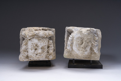 Two architectural carved stone fragments with angel heads, probably Flanders, 15th C.