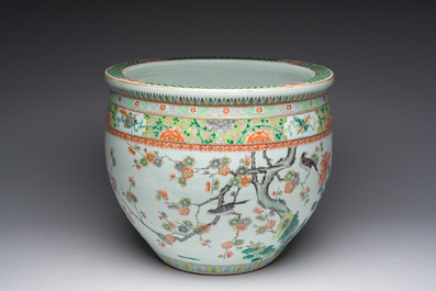 A Chinese famille verte fish bowl with birds among blossoming branches, 19th C.