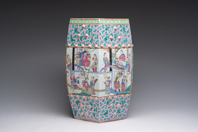 A hexagonal Chinese famille rose garden seat with figural design, 19th C.