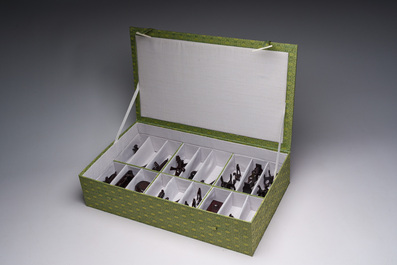 A Chinese collection of agate carved musical instruments with an accompanying presentation box, Republic, 20th C.