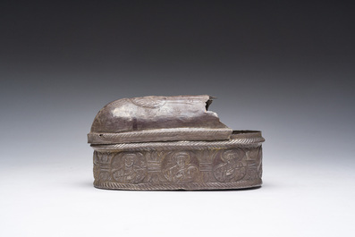 A Byzantine silver reliquary or pyxis with various saints, probably 8th/12th C.