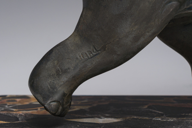 Illegibly signed: An elephant attacked by two tigers, zamak on a marble and onyx base, second quarter 20th C.