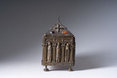 A Gothic Revival parcel-gilt bronze reliquary casket or chasse with glass cabochons, 19th C.
