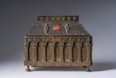 A Gothic Revival parcel-gilt bronze reliquary casket or chasse with glass cabochons, 19th C.