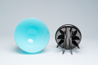 An Italian blue Murano glass fruit bowl on stand, Carlo Moretti, 2000s