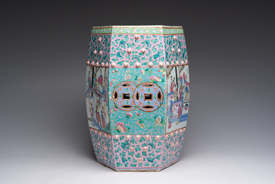 A hexagonal Chinese famille rose garden seat with figural design, 19th C.