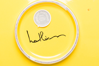 A French 'Cr&eacute;ation Mathias' monochrome yellow bowl with spiral handles and a collection of Italian Murano glass sweets, 20th C.