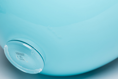 An Italian blue Murano glass fruit bowl on stand, Carlo Moretti, 2000s