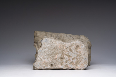 A large Romanesque Tournai stone capital with carved foliage, Flanders, 12th/13th C.