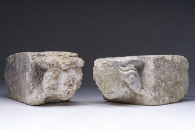 Two architectural carved stone fragments with angel heads, probably Flanders, 15th C.
