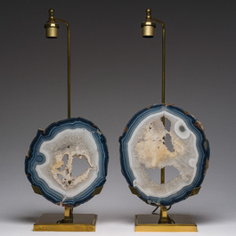 Willy Daro (1918-1990, attributed to): A pair of gilt brass lamps with agate discs