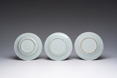 Ten Chinese famille rose plates and an Imari style plate with floral design, Qianlong