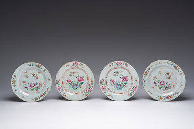 Ten Chinese famille rose plates and an Imari style plate with floral design, Qianlong
