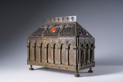A Gothic Revival parcel-gilt bronze reliquary casket or chasse with glass cabochons, 19th C.