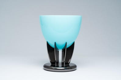 An Italian blue Murano glass fruit bowl on stand, Carlo Moretti, 2000s