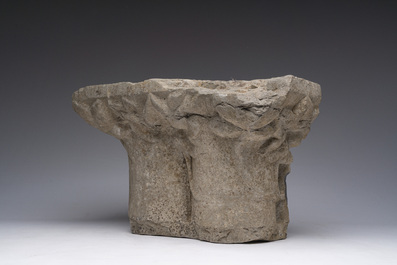 A large Romanesque Tournai stone capital with carved foliage, Flanders, 12th/13th C.