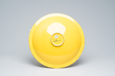 A French 'Cr&eacute;ation Mathias' monochrome yellow bowl with spiral handles and a collection of Italian Murano glass sweets, 20th C.